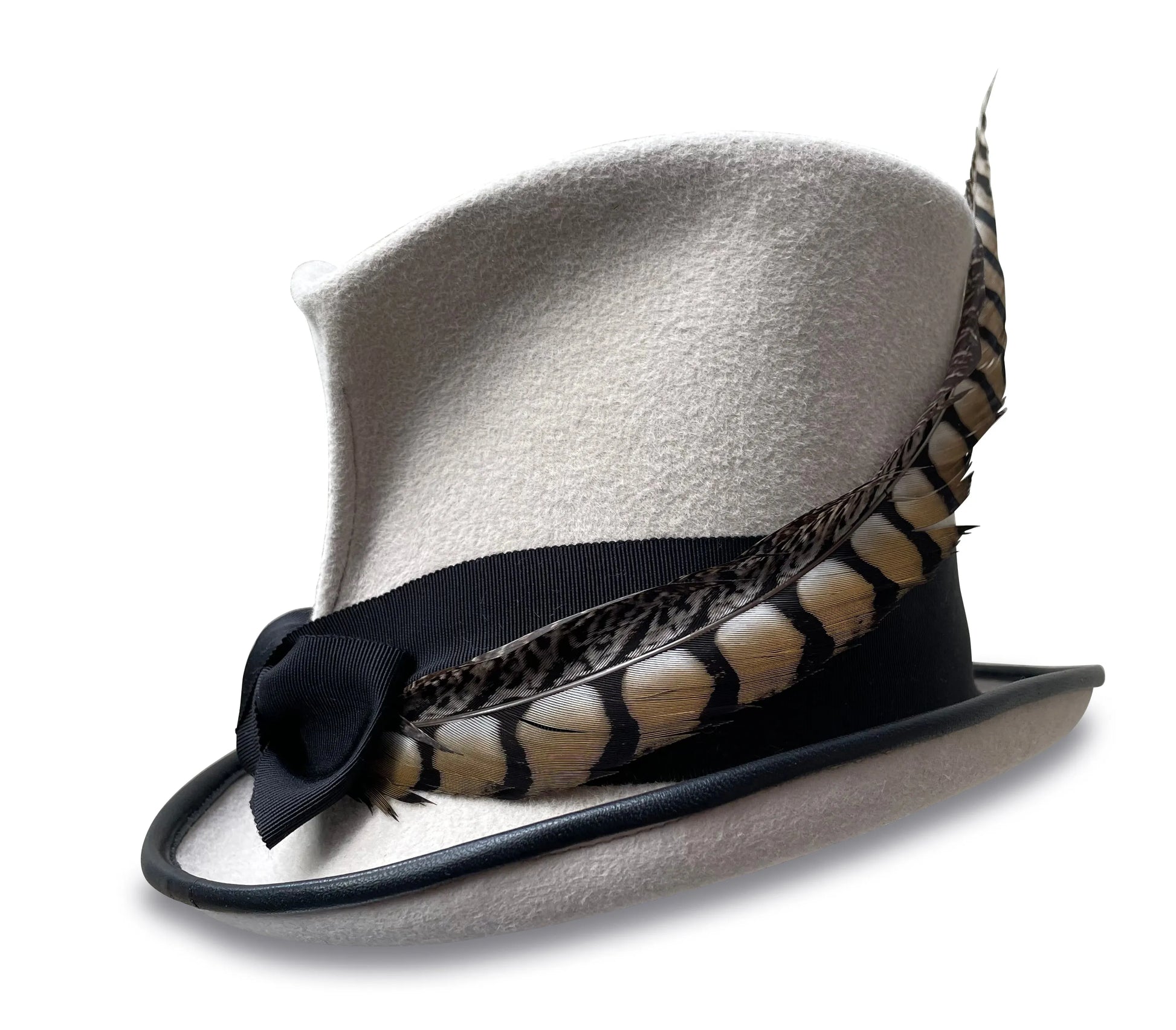 Faye Top Hat - White Fur Felt with Feather & Grosgrain Trim