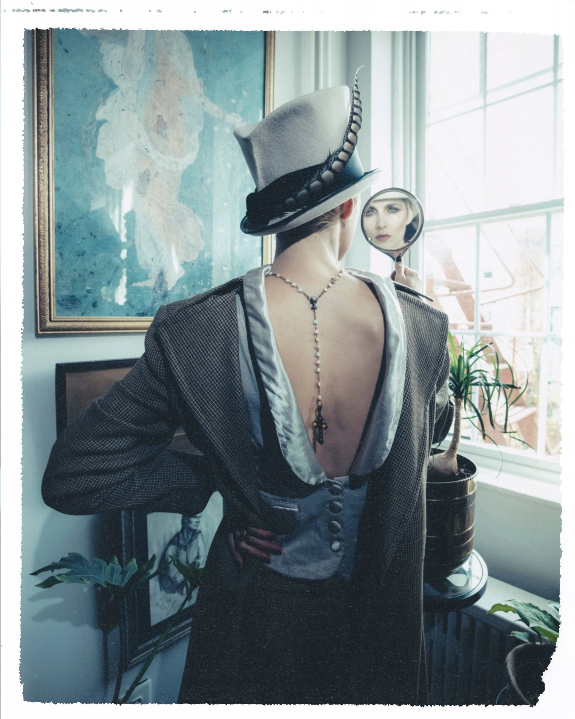 Faye Top Hat - White Fur Felt with Feather & Grosgrain Trim