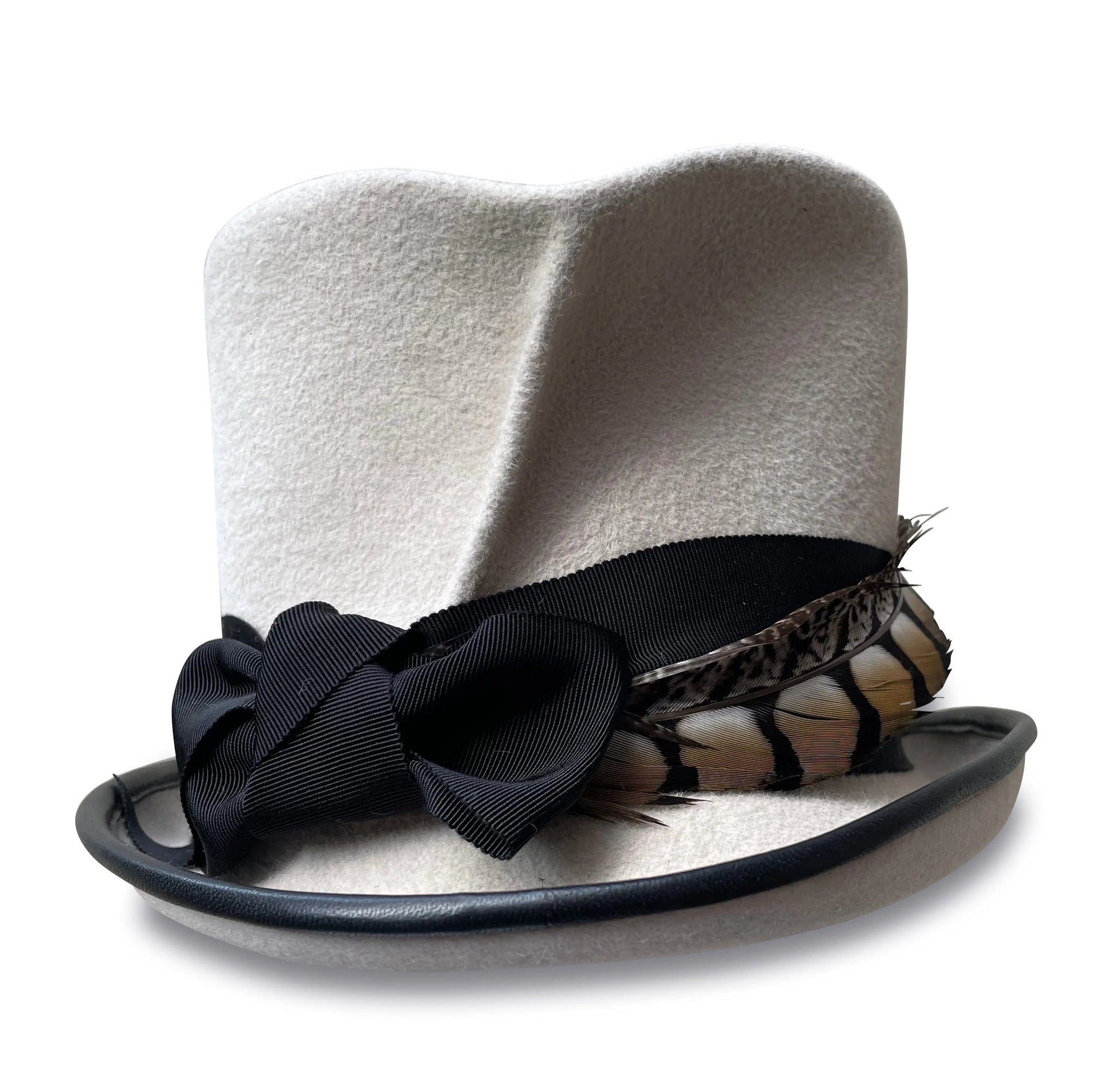 Faye Top Hat - White Fur Felt with Feather & Grosgrain Trim