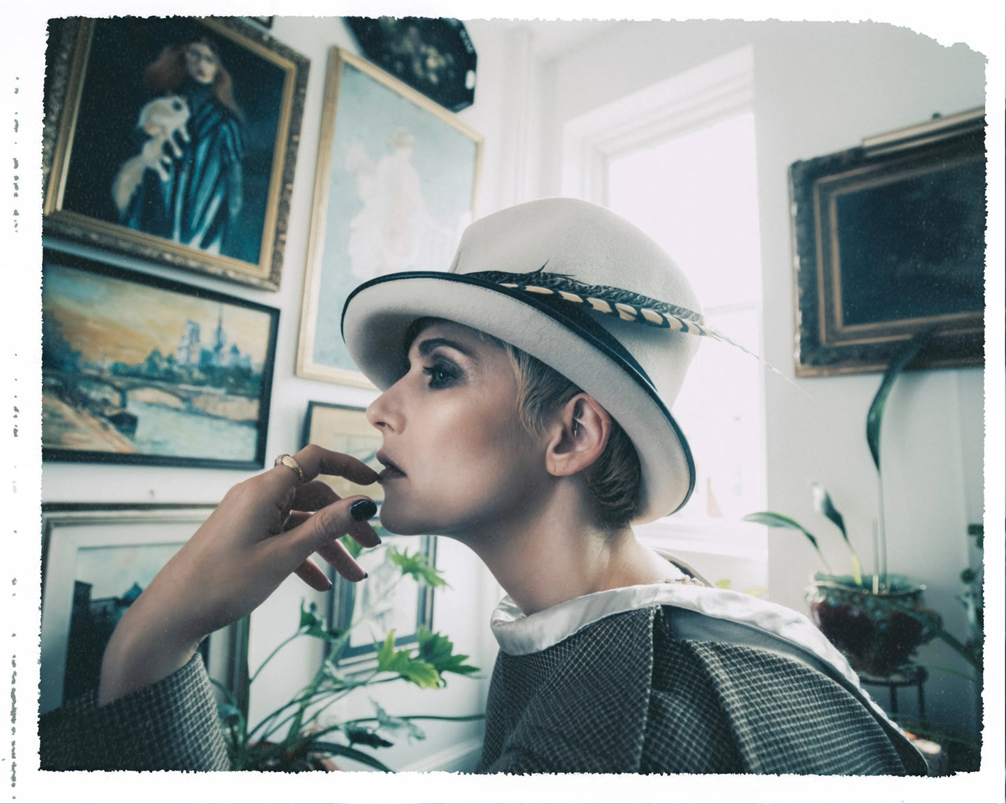 Faye Top Hat - White Fur Felt with Feather & Grosgrain Trim