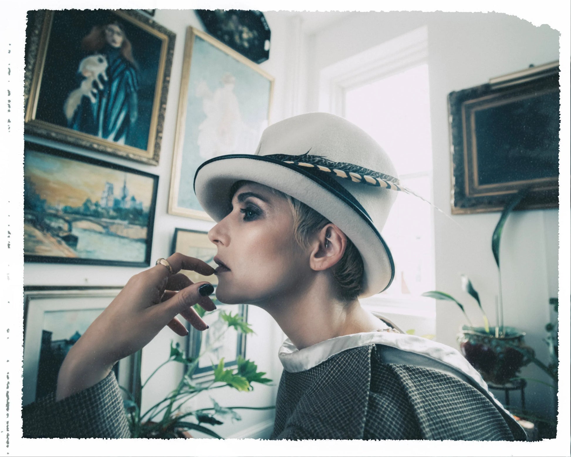 Faye Top Hat - White Fur Felt with Feather & Grosgrain Trim