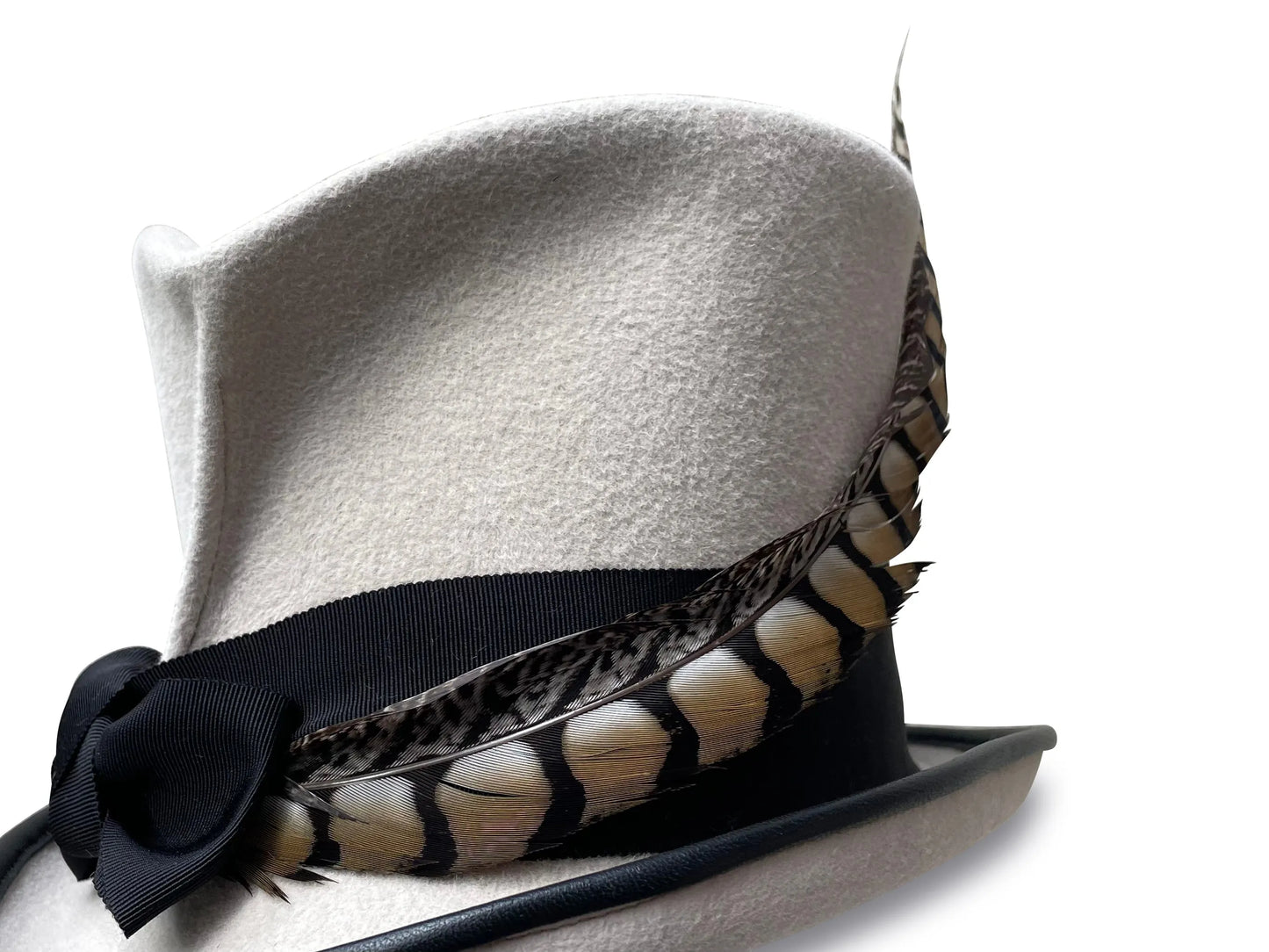 Faye Top Hat - White Fur Felt with Feather & Grosgrain Trim
