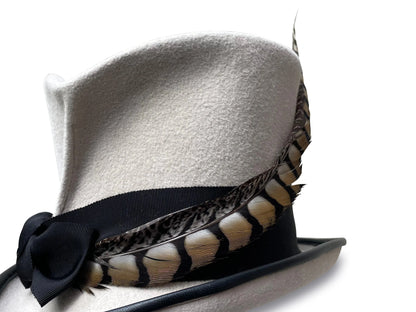 Faye Top Hat - White Fur Felt with Feather & Grosgrain Trim