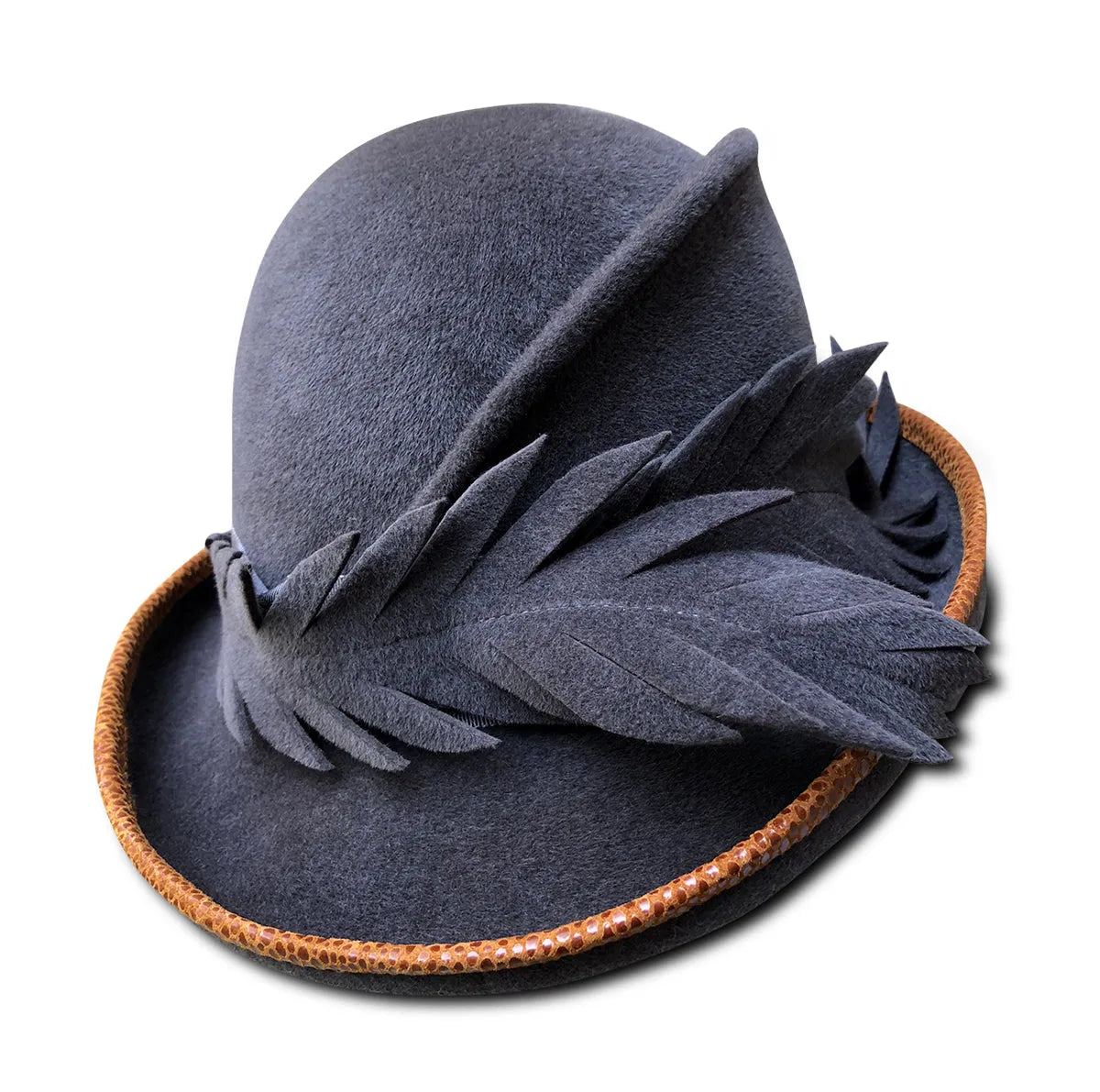 Fern - Grey Felt Cloche with Camel Lizard & Felt Feather