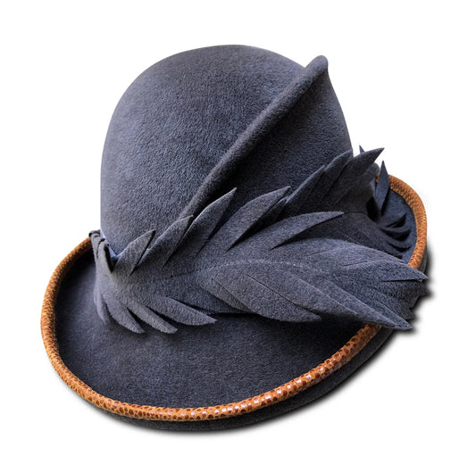 Fern - Grey Felt Cloche with Camel Lizard & Felt Feather