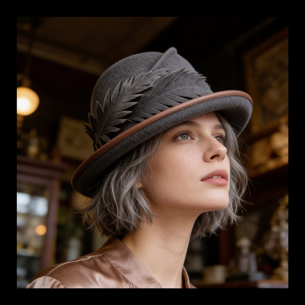 A woman with short gray hair wearing a dark gray felt Cloche hat with a brown leather piping and leaf embellishments, photographed in a warm, vintage-style shop interior.