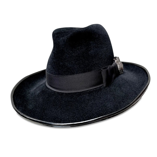 Frida Fedora - Black Velour Felt with Patent Leather Brim Trim