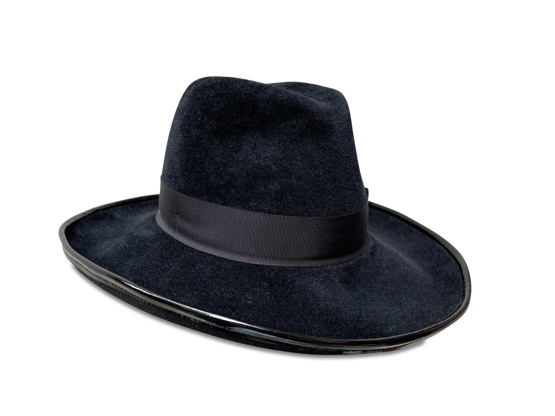 Frida Fedora - Black Velour Felt with Patent Leather Brim Trim