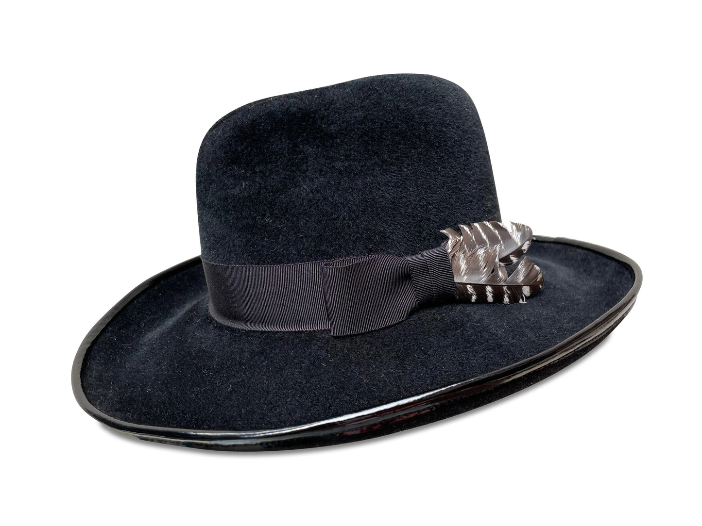 Frida Fedora - Black Velour Felt with Patent Leather Brim Trim