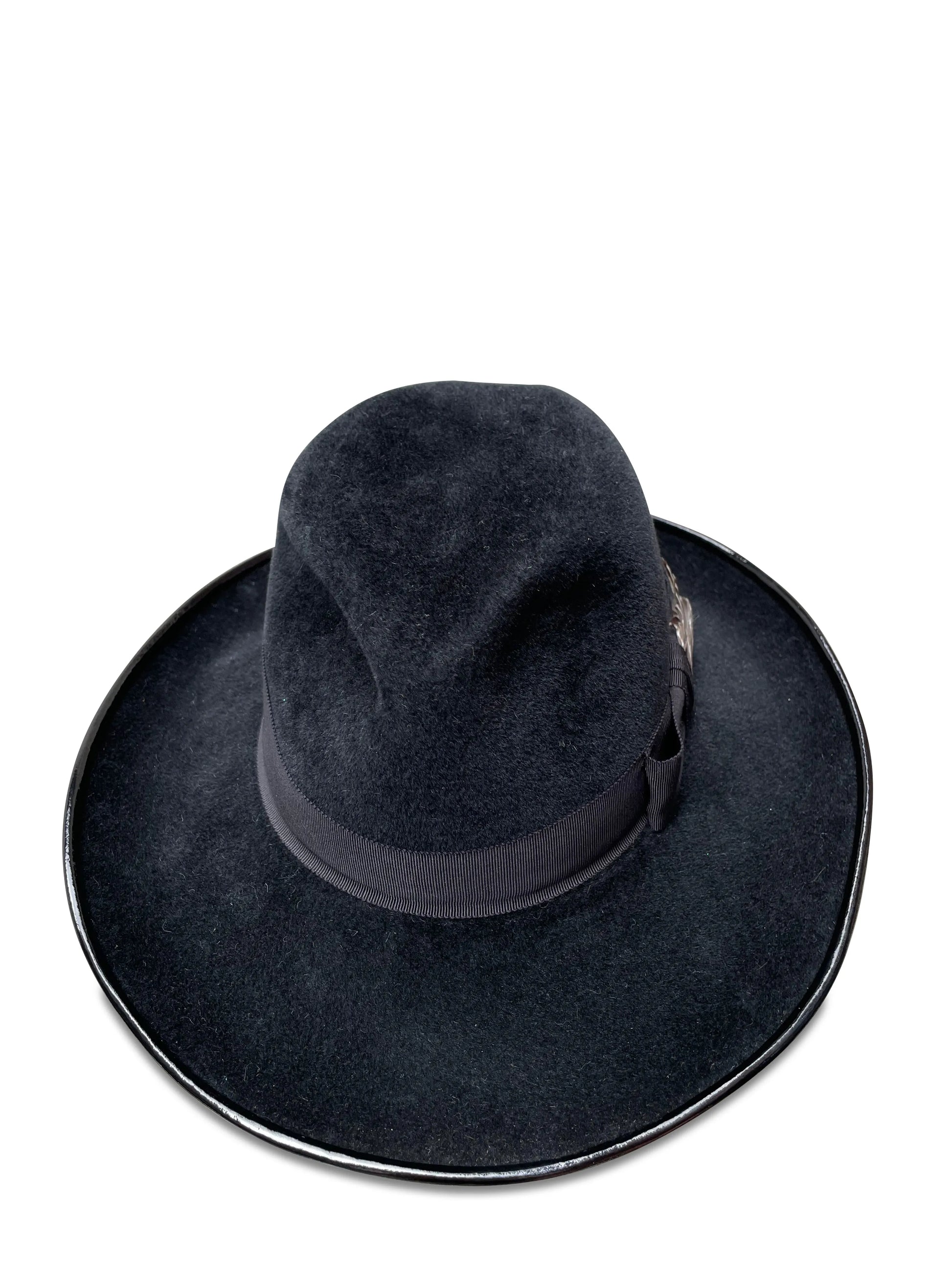 Frida Fedora - Black Velour Felt with Patent Leather Brim Trim