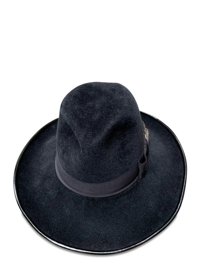 Frida Fedora - Black Velour Felt with Patent Leather Brim Trim