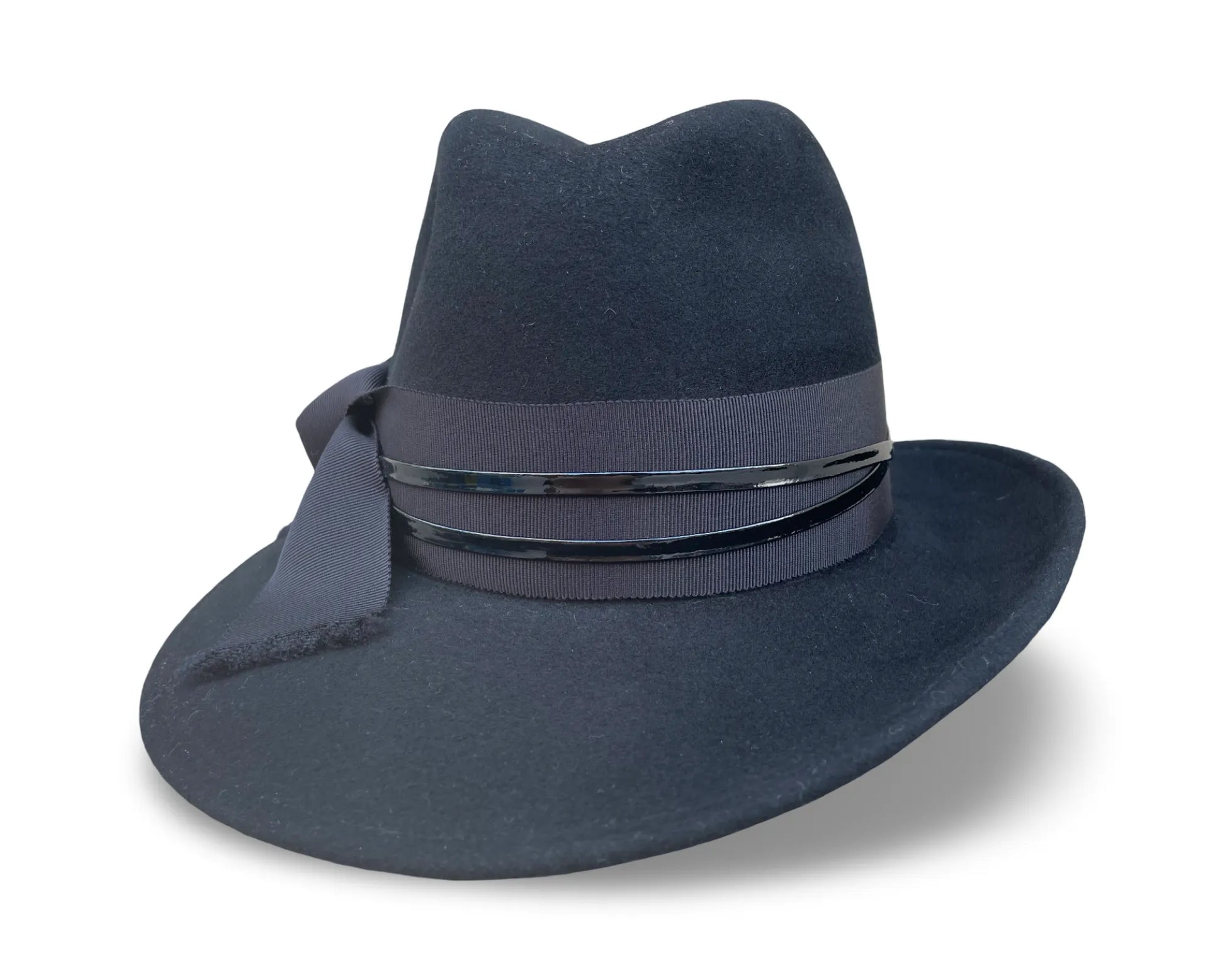 Gloria Fedora - Black Profile Brim Hat with Patent Leather Trim