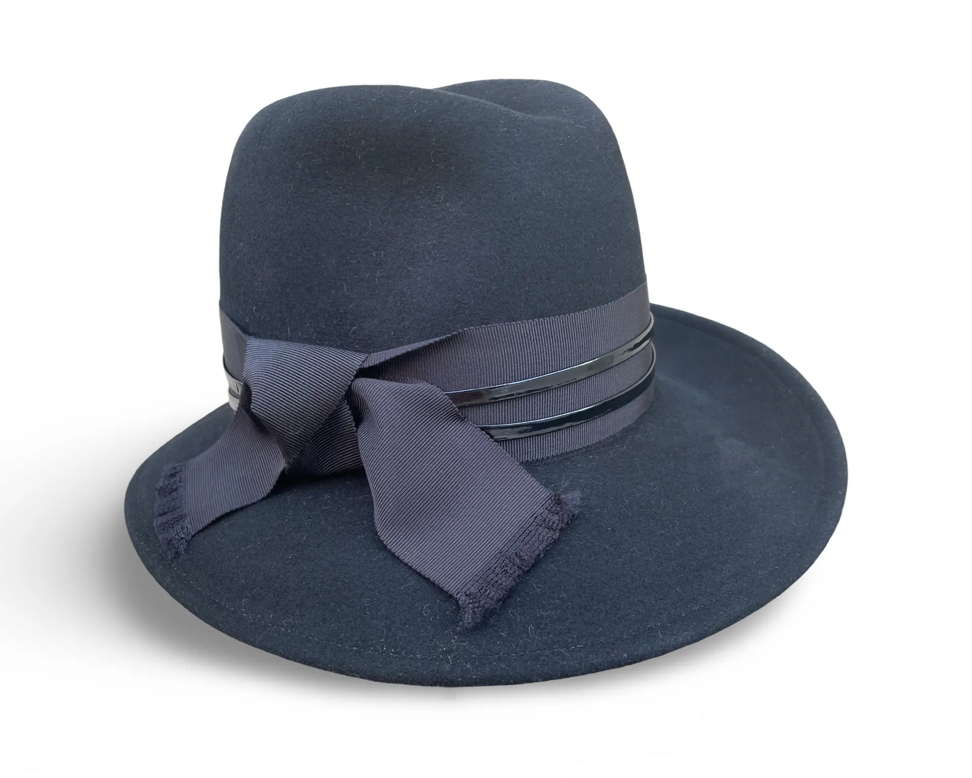 Gloria Fedora - Black Profile Brim Hat with Patent Leather Trim