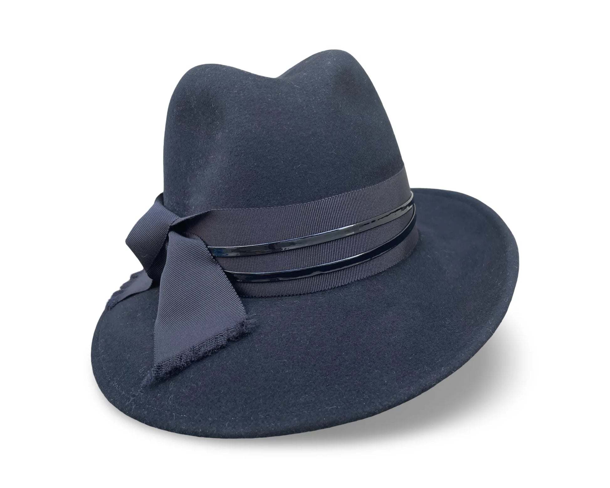 Gloria Fedora - Black Profile Brim Hat with Patent Leather Trim