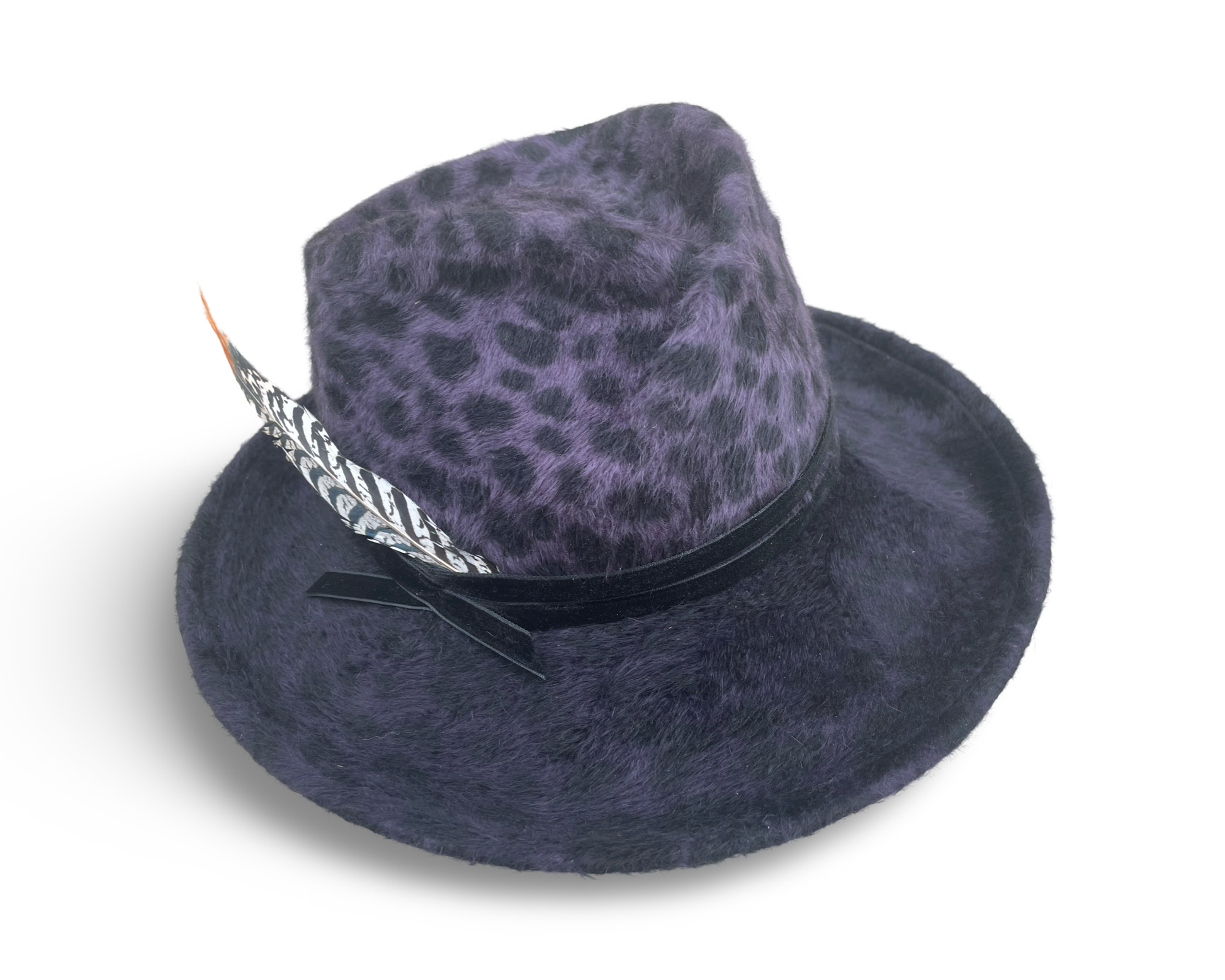 Purple Leopard Pleated Fedora with black velvet trim and lady Amherst feather