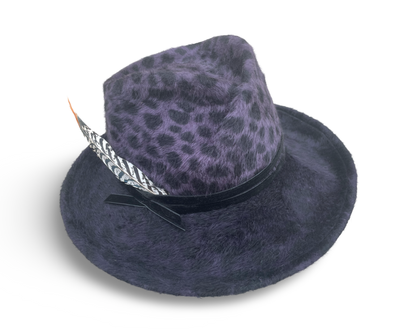 Purple Leopard Pleated Fedora with black velvet trim and lady Amherst feather
