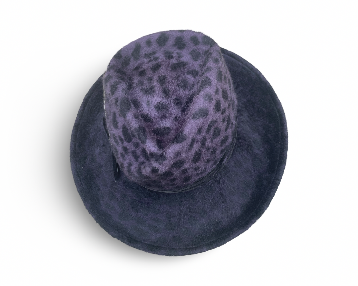 Purple Leopard Pleated Fedora with black velvet trim and lady Amherst feather