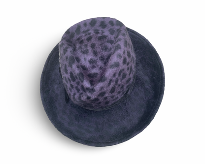 Purple Leopard Pleated Fedora with black velvet trim and lady Amherst feather