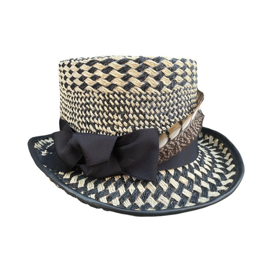 Black/Ivory Straw Coachman Style Hat with Grosgrain Ribbon and Pheasant Tail Trim Front View