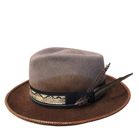Guy - Dip Dyed Teardrop Fedora with Snakeskin & Feather Trim