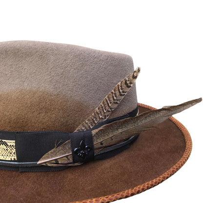 Guy - Dip Dyed Teardrop Fedora with Snakeskin & Feather Trim