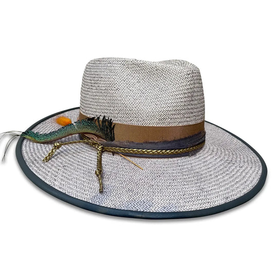 Guy Fedora Hat - Grey Washed Shantung with Peacock Feather