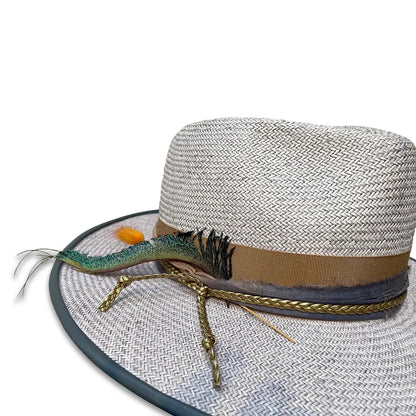 Guy Fedora Hat - Grey Washed Shantung with Peacock Feather