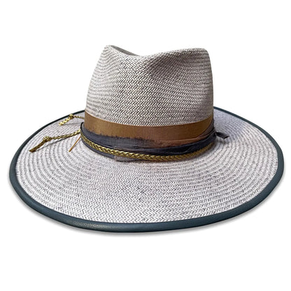 Guy Fedora Hat - Grey Washed Shantung with Peacock Feather