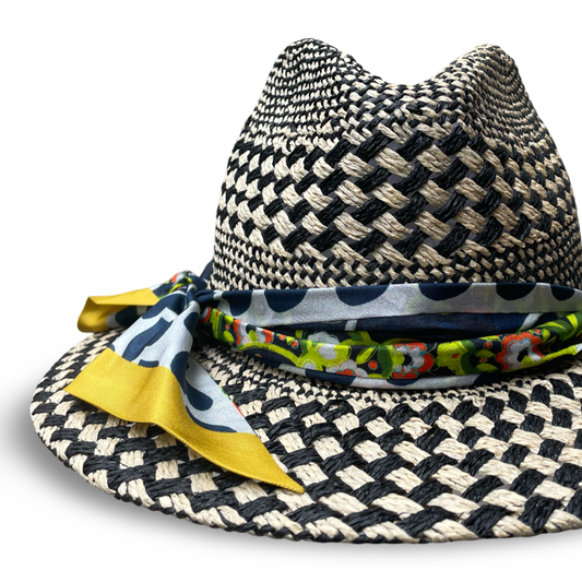Black/Ivory Straw Fedora with Silk Twilly Trim