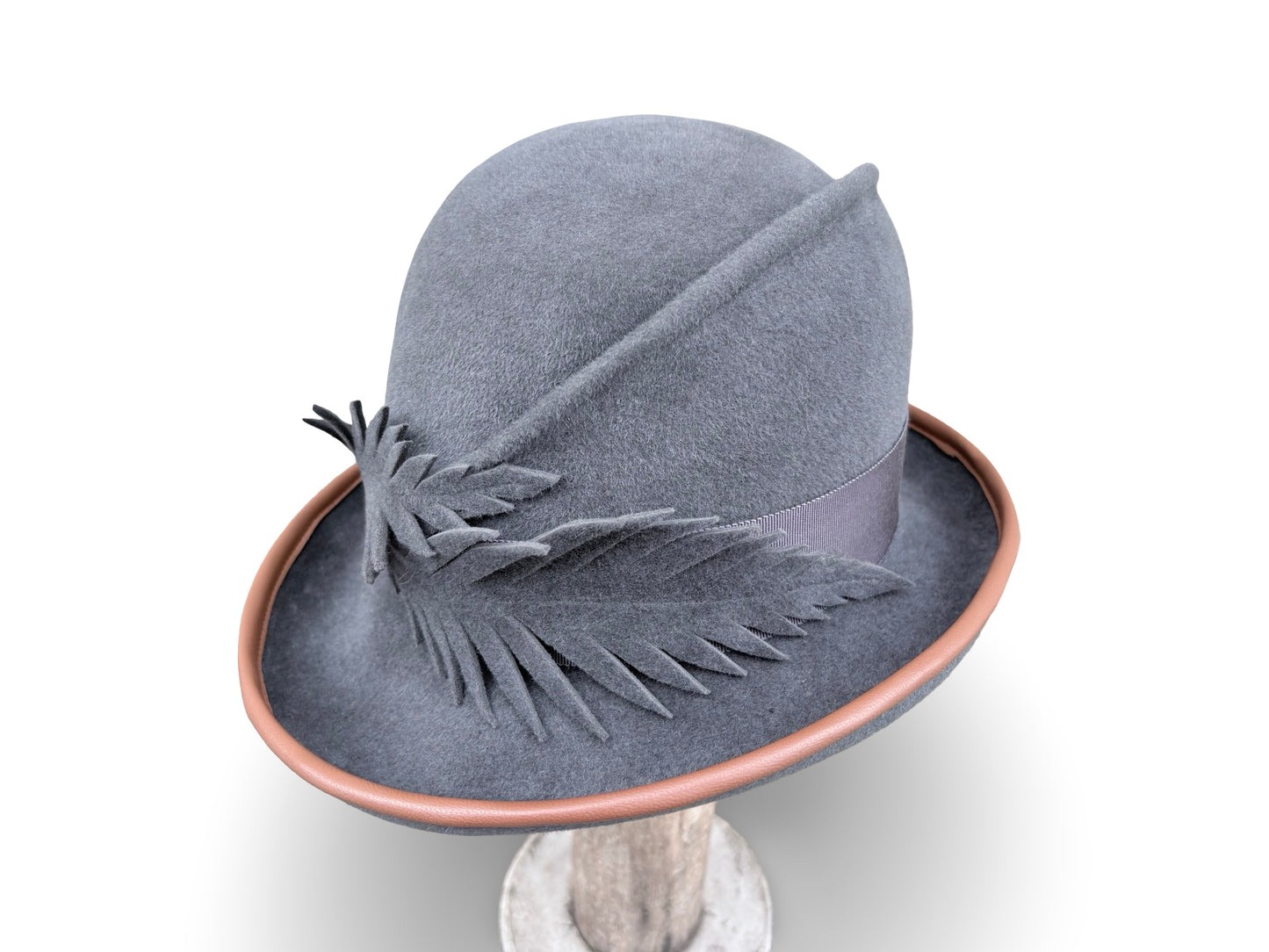 Fern - Grey Felt Cloche with Camel Lizard & Felt Feather
