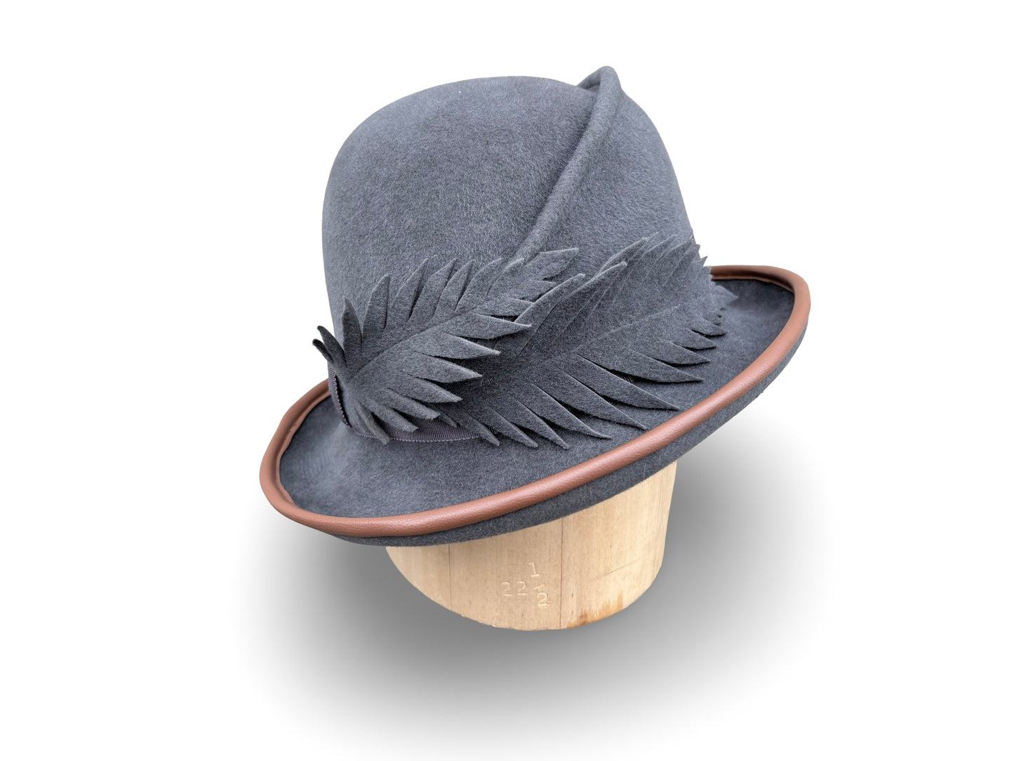 Fern - Grey Felt Cloche with Camel Lizard & Felt Feather