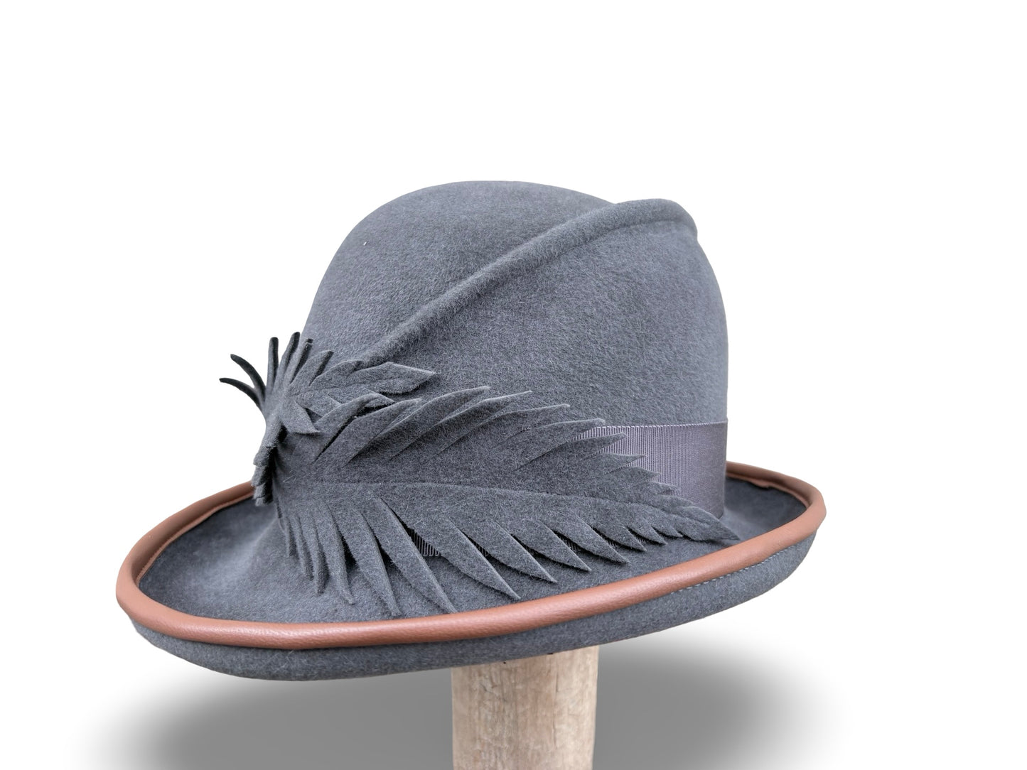 Fern - Grey Felt Cloche with Camel Lizard & Felt Feather