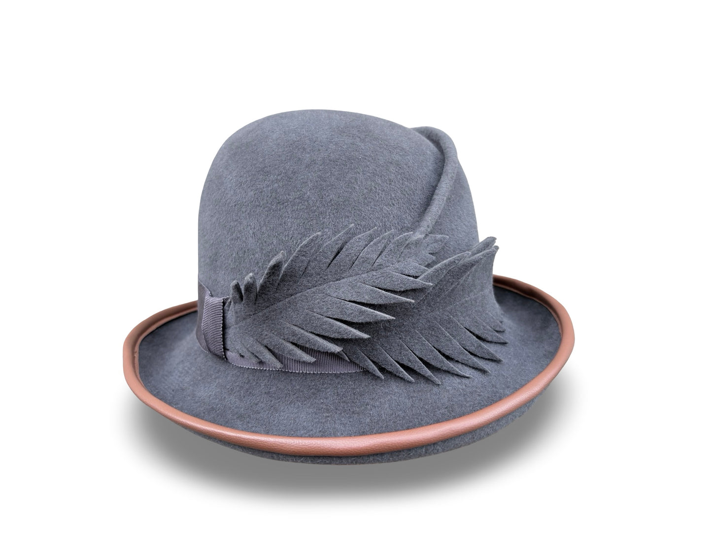 Fern - Grey Felt Cloche with Camel Lizard & Felt Feather
