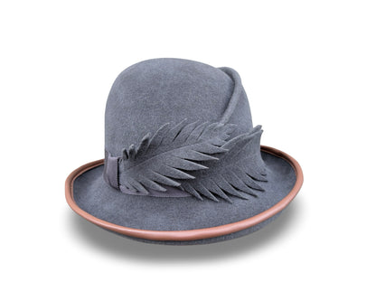 Fern - Grey Felt Cloche with Camel Lizard & Felt Feather