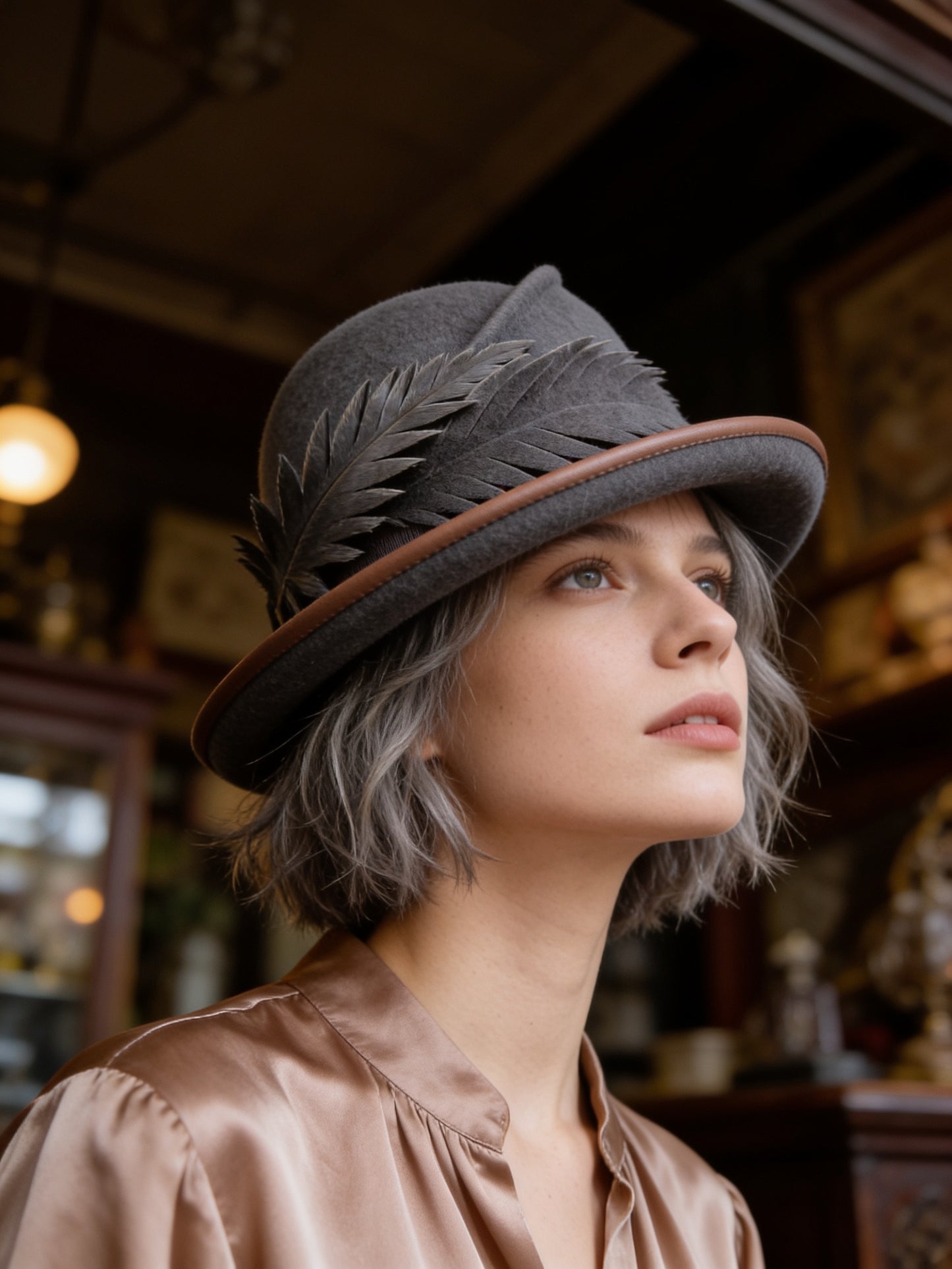Fern - Grey Felt Cloche with Camel Lizard & Felt Feather