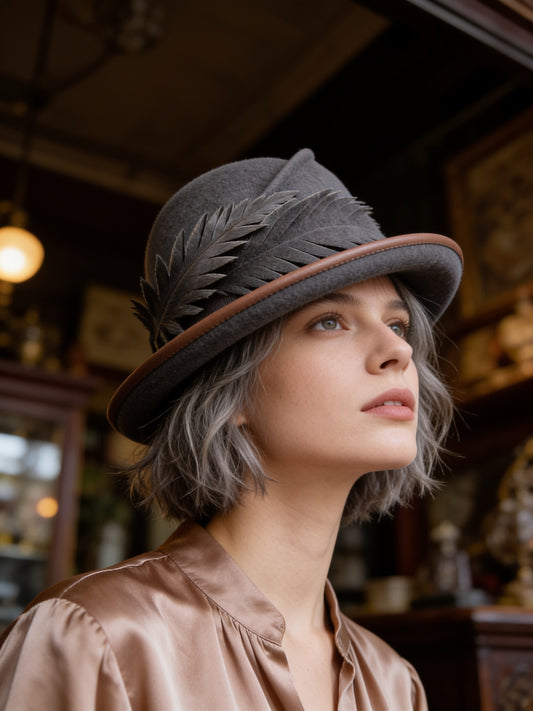 Fern - Grey Felt Cloche with Camel Lizard & Felt Feather