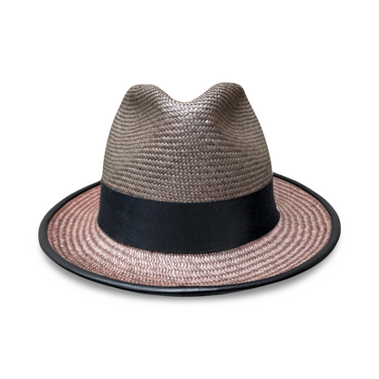 Front view of Panama straw fedora with black leather piping on brim and black grosgrain ribbon trim. 