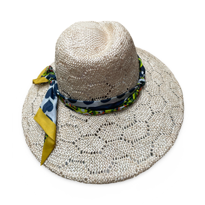 Swirl Crown wide brim straw hat. Honeycomb pattern straw