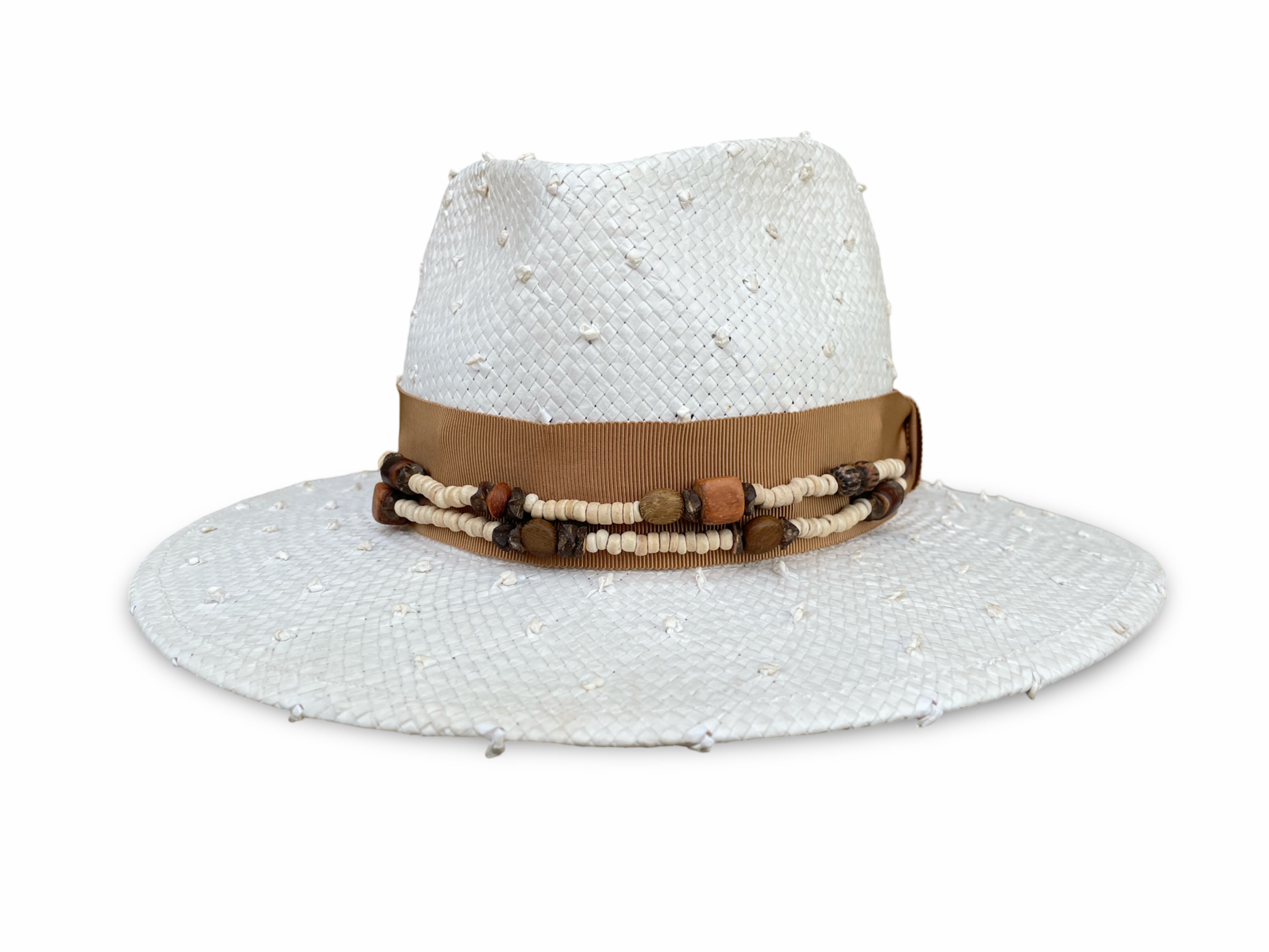 Ivory knotted straw fedora with camel trim