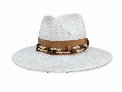 Ivory knotted straw fedora with camel trim
