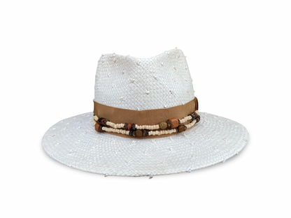 Ivory knotted straw fedora with camel trim - front view
