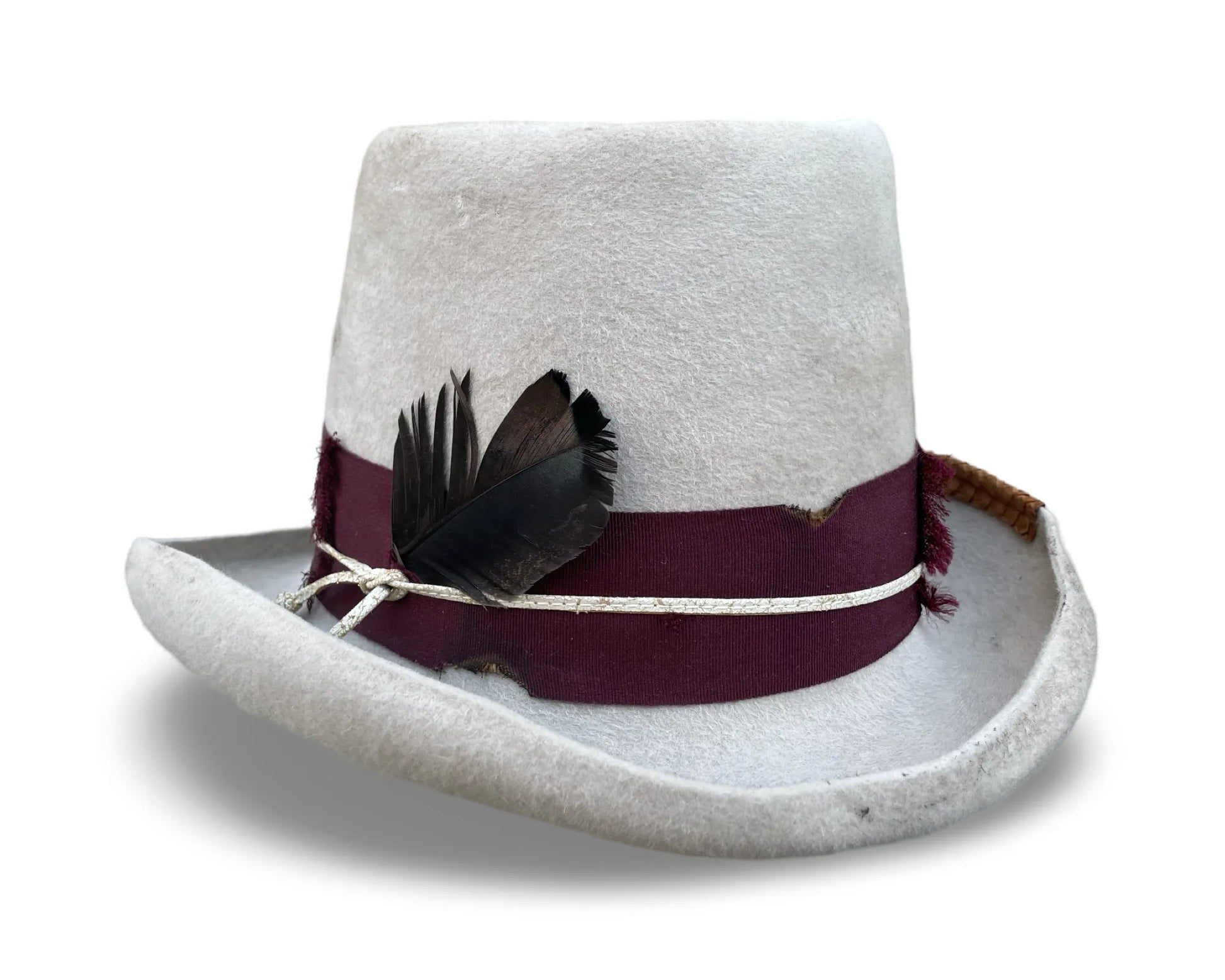 Isabella Distressed Top Hat - Alabaster Fur Felt with Leather Trim