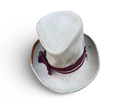 Isabella Distressed Top Hat - Alabaster Fur Felt with Leather Trim