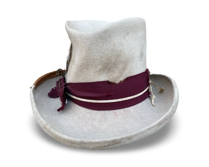Isabella Distressed Top Hat - Alabaster Fur Felt with Leather Trim