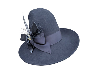 Black Witch hat with black grosgrain bow trim and matching stickpin