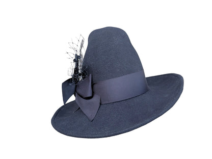 Black Witch hat with black grosgrain bow trim and matching stickpin