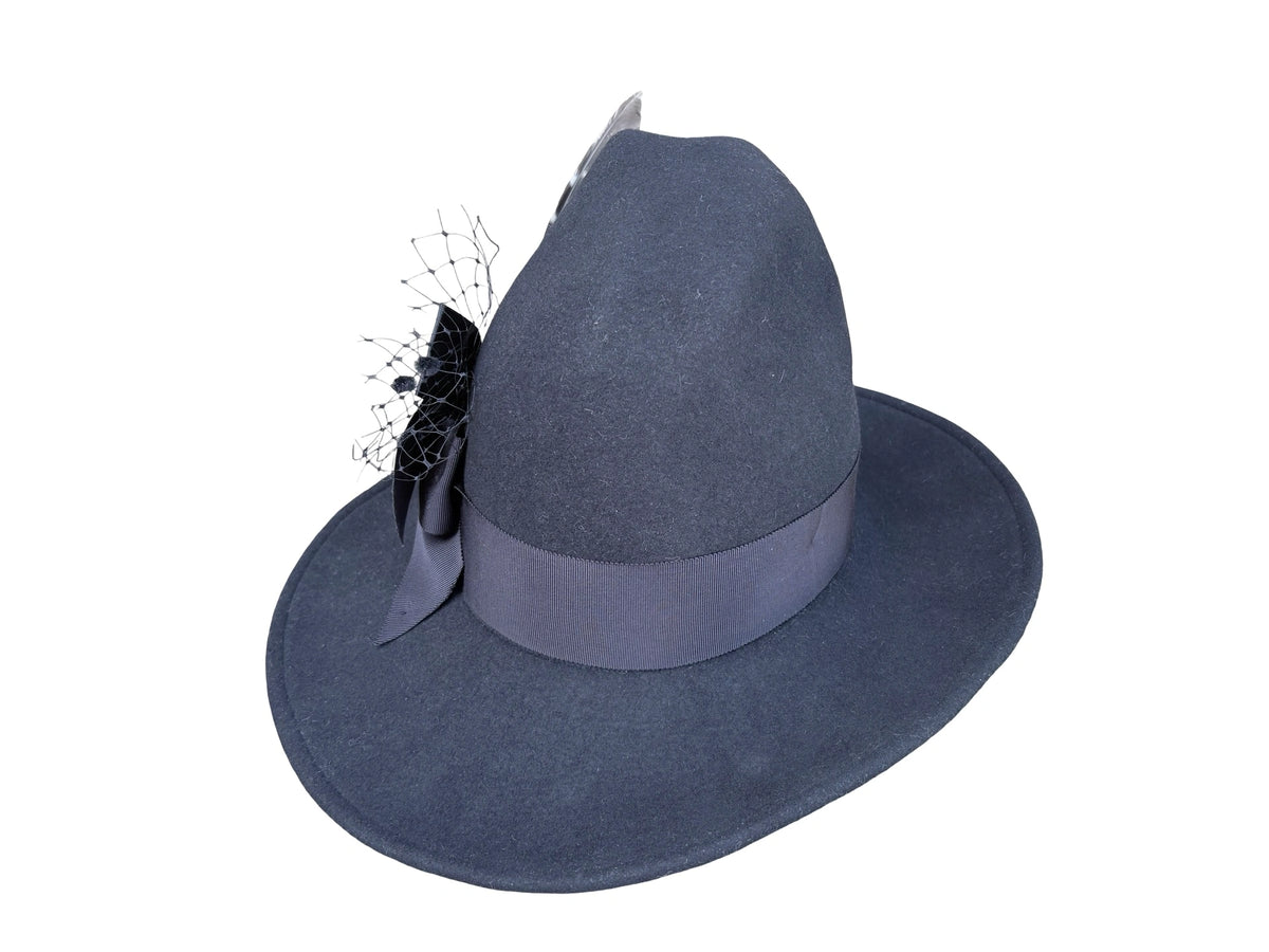 Black Witch hat with black grosgrain bow trim and matching stickpin