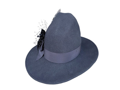 Black Witch hat with black grosgrain bow trim and matching stickpin