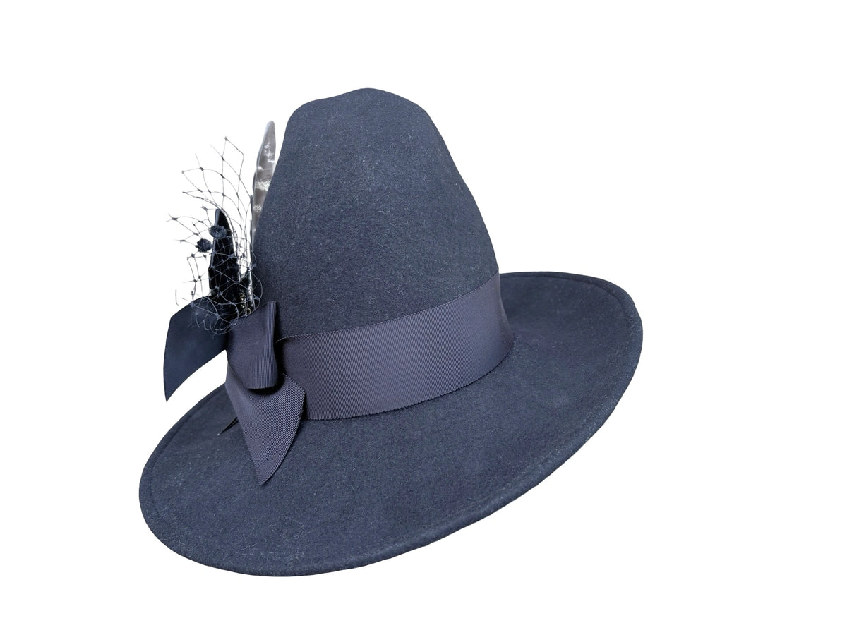 Black Witch hat with black grosgrain bow trim and matching stickpin