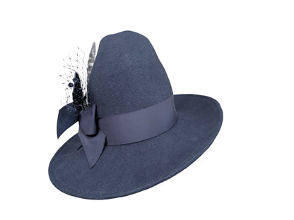Black Witch hat with black grosgrain bow trim and matching stickpin